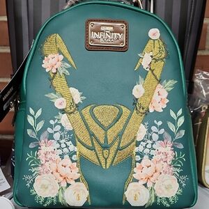 Loungefly Loki Green and Gold Floral Backpack